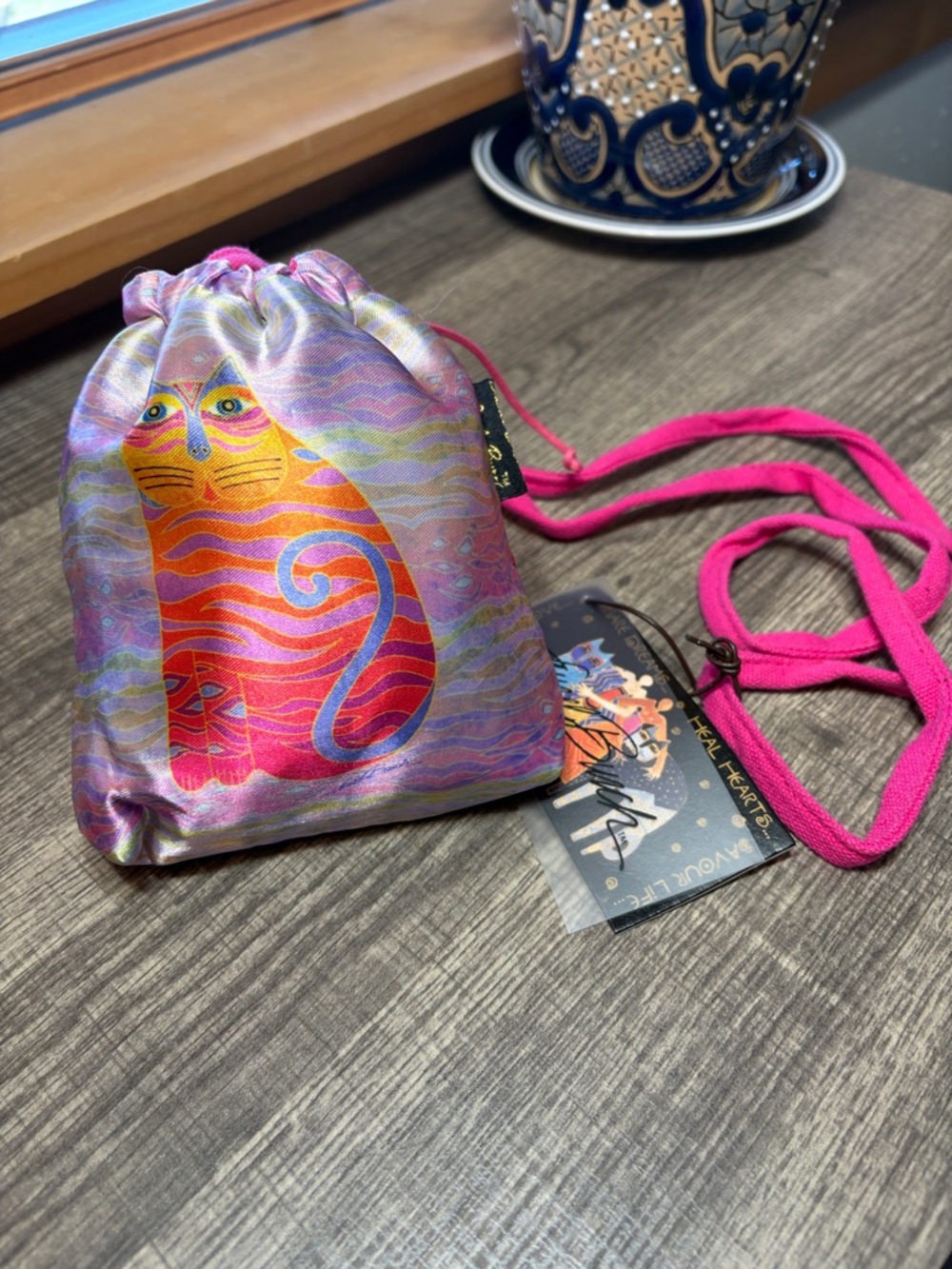 Laurel Burch Pink Multicolor Cat Drawstring Mini Crossbody Pouch